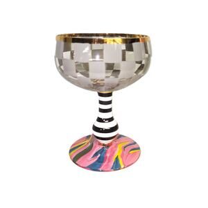 MacKenzie-Childs Carnival Sterling Coupe Glass - Qty 1, Gray Check Multicolored